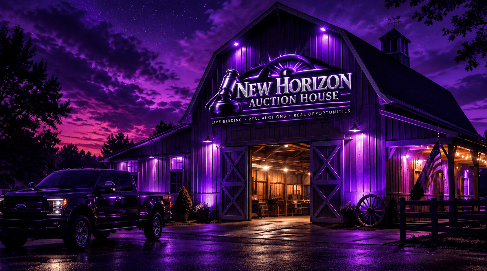 New Horizon Auction House at night — illuminated barn and truck